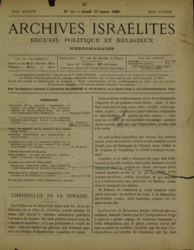 Archives israélites de France. Vol.42 N°11 (17 mars 1881)